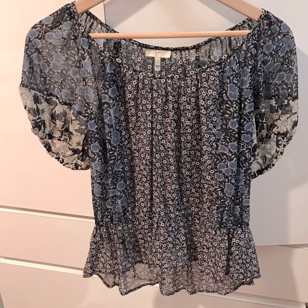 Joie Blouse - Blue Floral Print. cinched waist